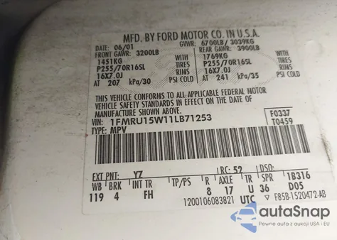 2001 Ford Expedition Xlt из США, поврежденный, VIN 1FMRU15W11LB71253